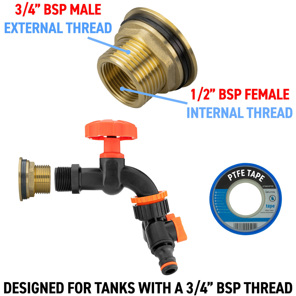 Water Butt Brass Kit 3/4in with Black Dial Tap + Two-Way Splitter Lawn Sprinkler