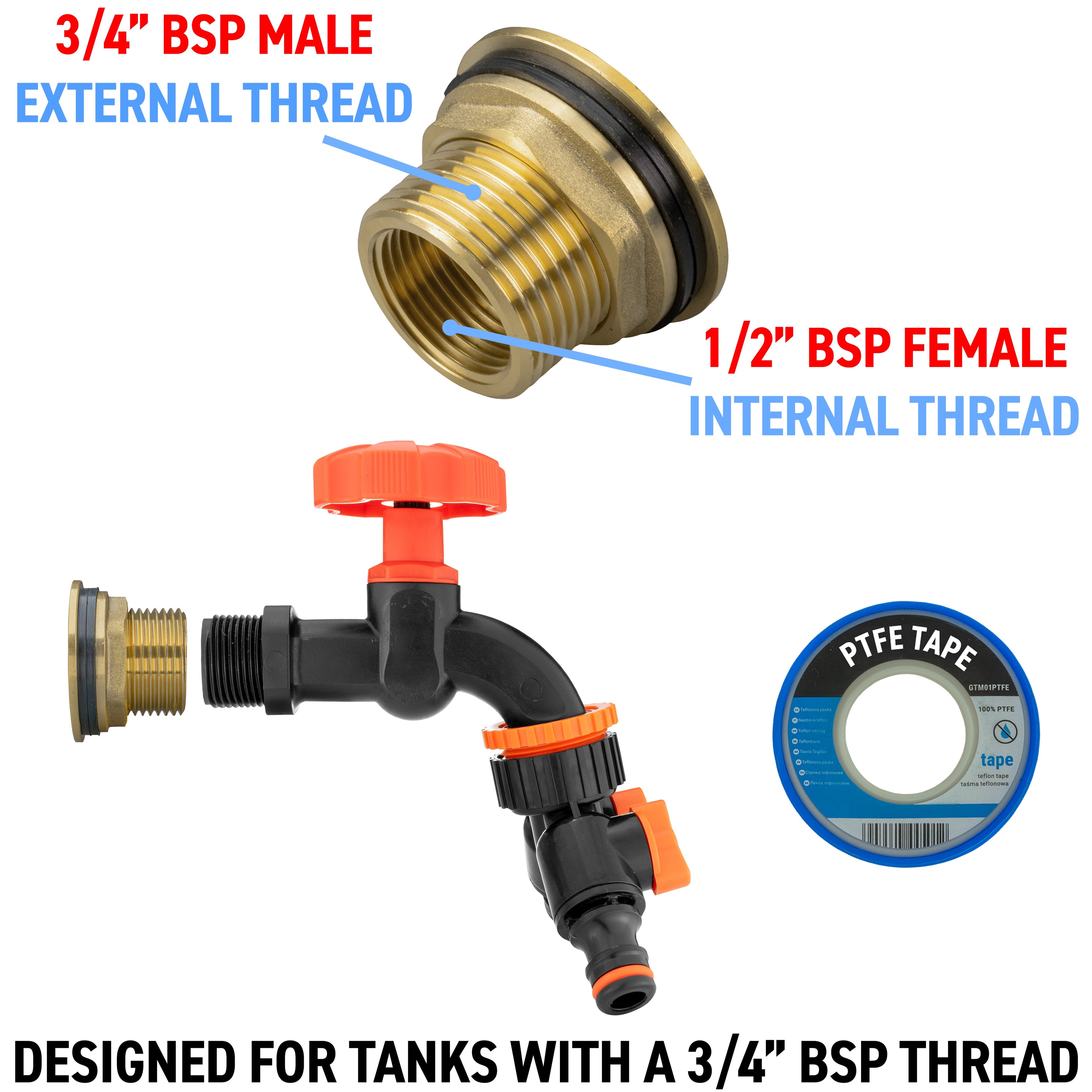 Water Butt Brass Kit 3/4in with Black Dial Tap + Two-Way Splitter Lawn Sprinkler