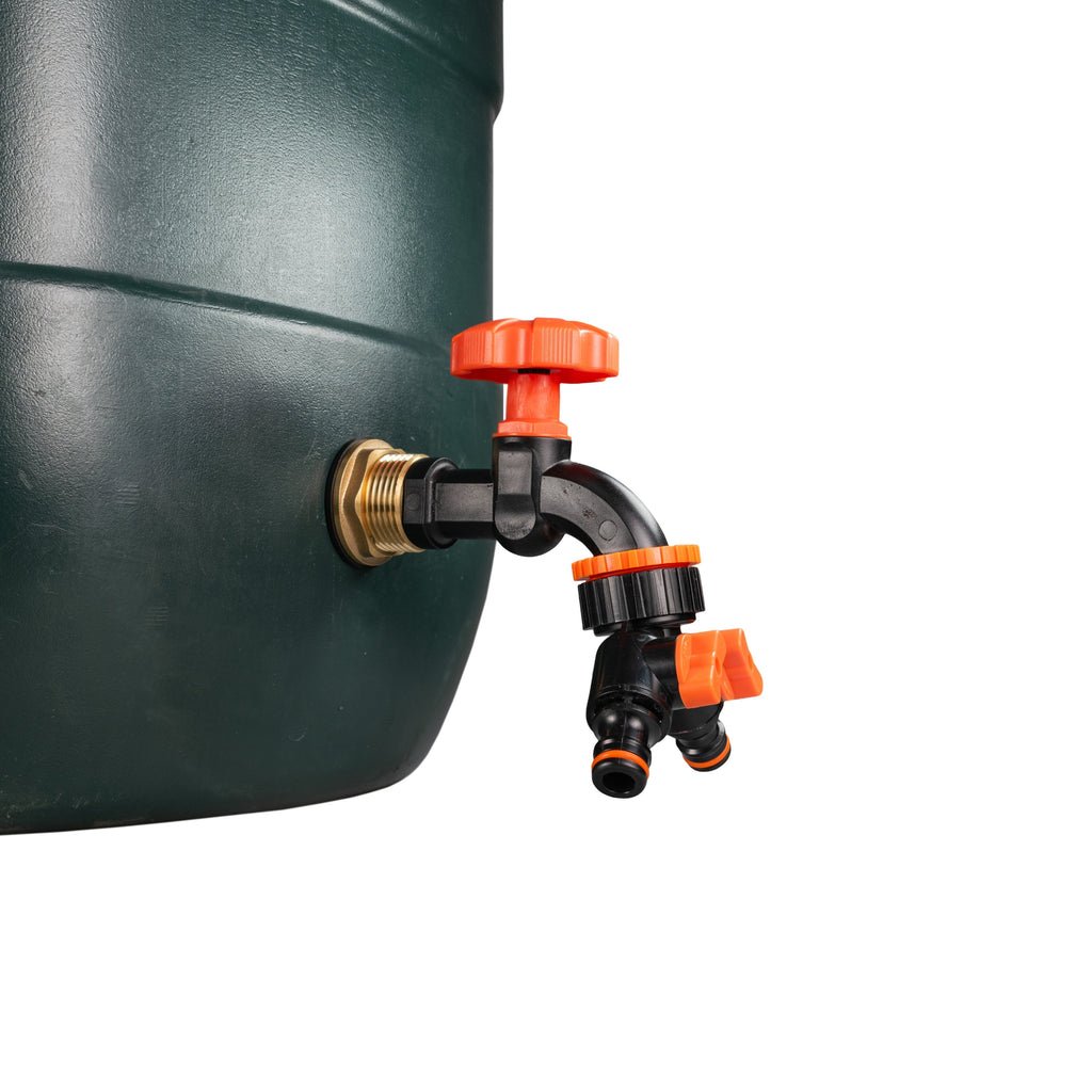 Water Butt Brass Kit 3/4in with Black Dial Tap + Two-Way Splitter Lawn Sprinkler