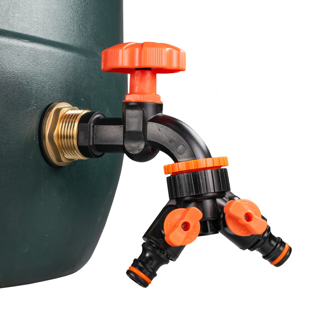 Water Butt Brass Kit 3/4in with Black Dial Tap + Two-Way Splitter Lawn Sprinkler